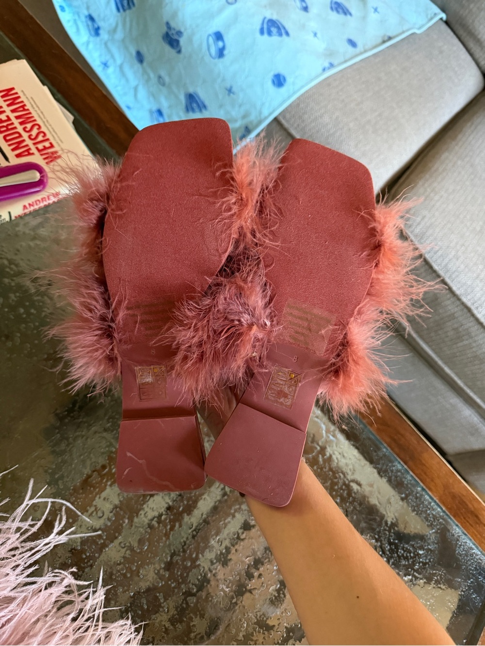 Jeffrey Campbell Coral Pink Feather Slide Sandals - Picture 2 of 2